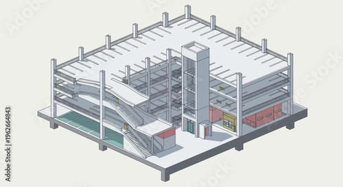 Modern Multi Level Parking Garage Structure with Ramps and Elevator.