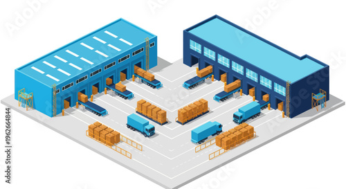 Modern Industrial Warehouse and Logistics Center with Trucks and Cargo.