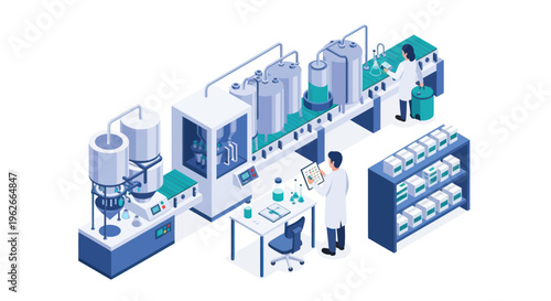 Modern Pharmaceutical Production Line with Scientists.