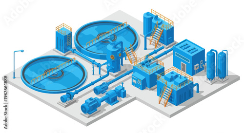 Modern Water Treatment Plant Industrial Facility Isometric View.