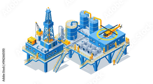 Offshore oil rig platform with helicopter and industrial equipment.