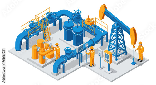 Oil drilling rig and industrial complex with workers.