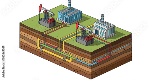 Oil Extraction and Processing Facility with Pumpjacks and Pipelines.