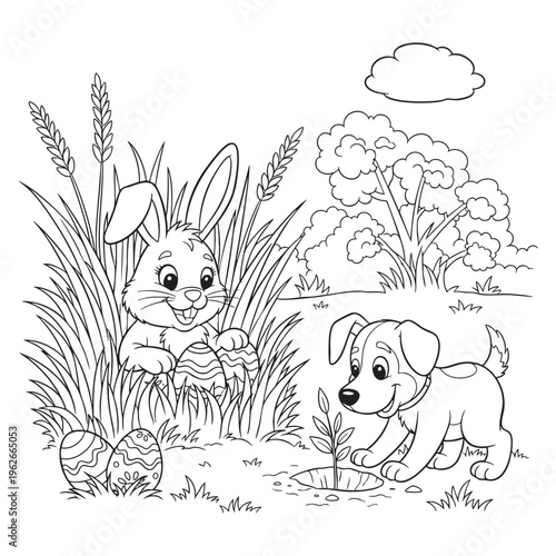 Easter Coloring Page Bunny Dog Eggs Spring Garden Scene Line Art for Kids