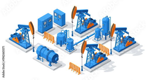Oil Pumpjacks and Industrial Equipment Set.