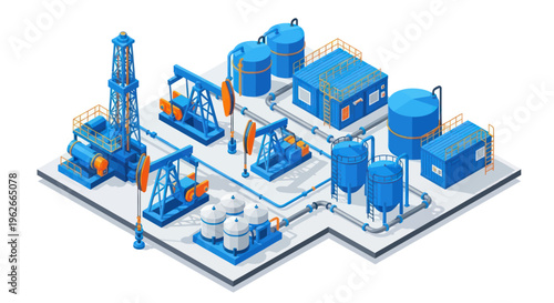 Oil Rig and Pumping Jacks Industrial Complex Isometric View.