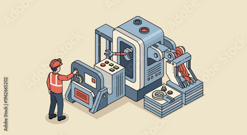 Worker operating advanced industrial manufacturing machine in a factory setting.