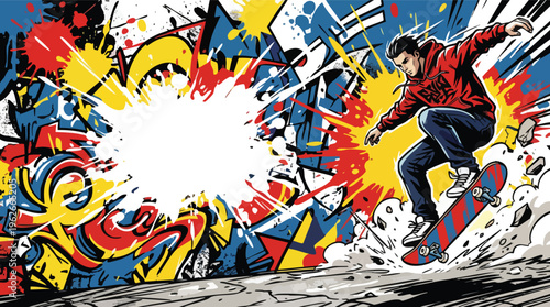 Skateboarder Performing Jump over Bold Colorful Graffiti Splash Background
