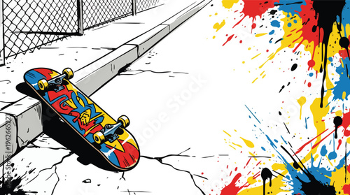 Skateboard with Vibrant Splatter Laying on Urban Street Curb Celebration