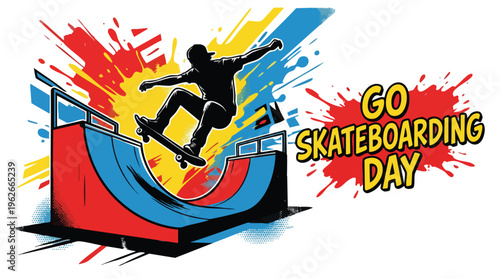 Skateboarder Silhouette on Halfpipe with Paint Splatters Go Skateboarding Day Event