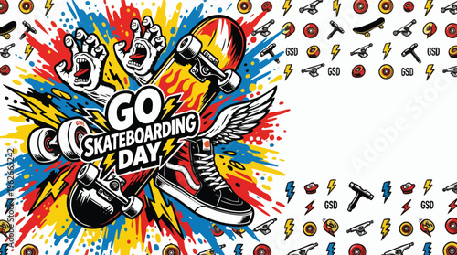 Skateboarding Day Bold Graphic Design with Colorful Paint Splashes and Icons