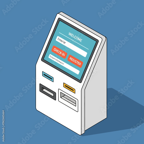 An isometric illustration of a self-service kiosk with a touchscreen interface.