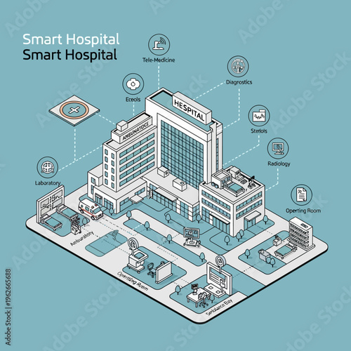 Isometric smart hospital building illustration with various medical departments.