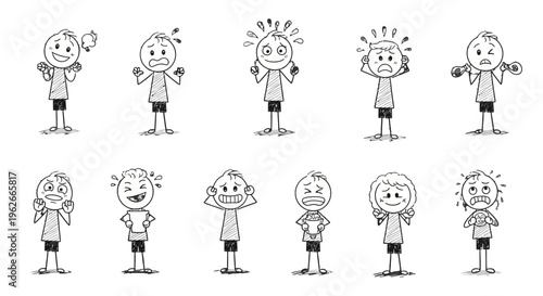 A set of cartoon children expressing various emotions and actions.