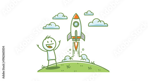 A stick figure celebrates a rocket launch.
