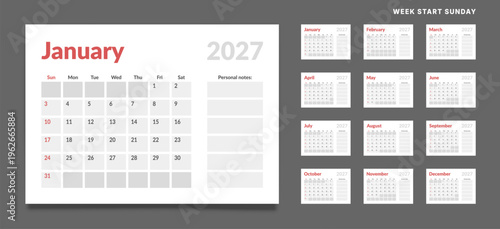 Set 12 Pages Monthly Calendar Planner Templates 2027 year with note. Vector mockup of wall, desktop calendar organizer grid ready print. Week starting on Sunday. Page schedule size A4 - 21x29.7 cm