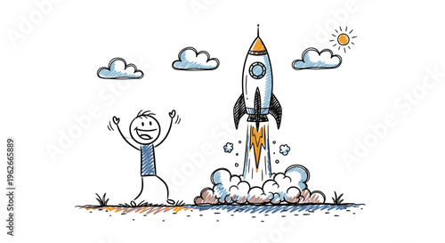 A stick figure celebrates a rocket launch.