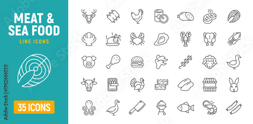 Meat and sea food line icon set. Lobster squid beef and chicken seafood pictogram symbol. Meat vector simple elements