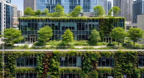 Modern sustainable building with vertical garden and rooftop greenery in urban environment, eco-friendly architecture design promoting green city living, sharp focus in high resolution 8K.