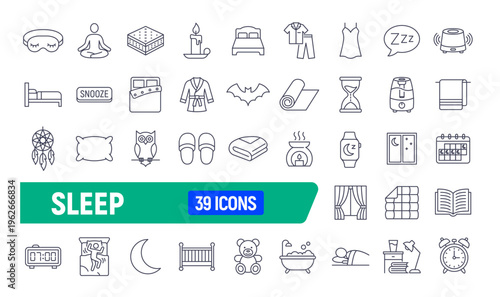 Sleep relax line icon set. Body exercise sleep stress balance mood care pictogram bed