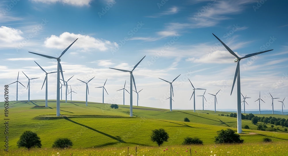 Fototapeta premium Wind turbines generating renewable energy on green hills under bright blue sky, clean landscape showcasing sustainable energy concept, ultra sharp focus in high resolution 8K.
