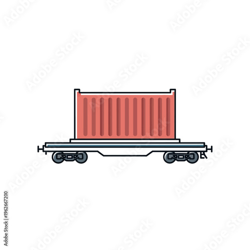 Minimalist flat line art icon of a red shipping container loaded on a railway wagon, symbolizing global freight, logistics, and supply chain transportation