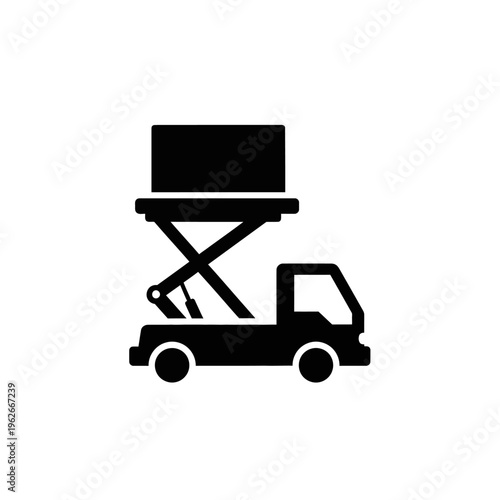 Black silhouette icon of a delivery truck with a hydraulic scissor lift mechanism, transporting a cargo package. Symbolizes efficient freight, logistics, and material handling services
