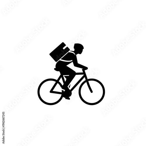 Vector icon of a delivery person on a bicycle carrying a package, symbolizing efficient urban logistics, eco-friendly transport, and swift last-mile service for modern e-commerce