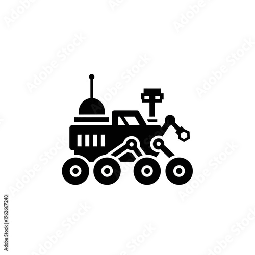 Dynamic silhouette icon of a sophisticated robotic space exploration vehicle, representing advanced scientific discovery and cosmic research missions across celestial bodies