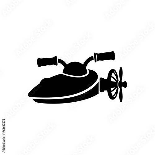 Simple silhouette icon of a personal watercraft with handlebars and a propeller, ideal for recreational water sports and summer activities on the lake or ocean