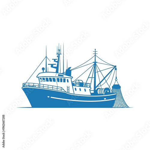 Clean blue illustration of a commercial fishing trawler with nets, symbolizing maritime industry, sustainable seafood harvesting, and ocean adventures