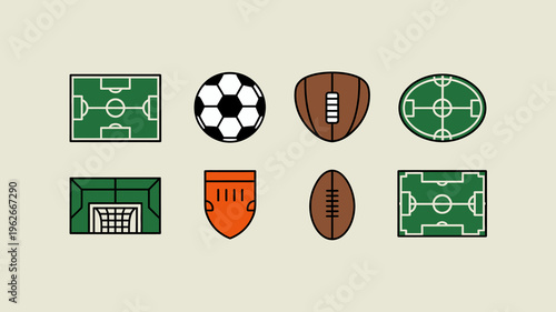 A colorful arrangement displays various sports equipment icons including balls and field outlines set against a beige backdrop high quality professional detailed modern elegant stylish clean