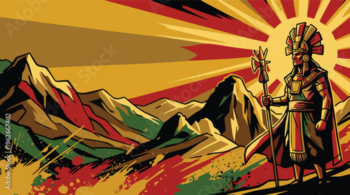 Inti Raymi Festival Design with Mountain Landscape and Radiant Sun