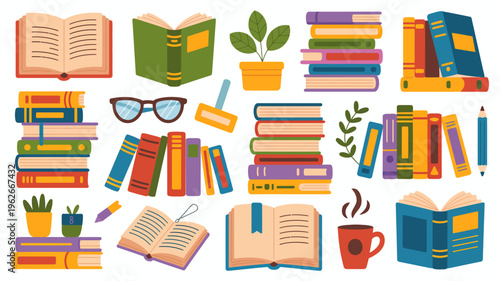 A colorful arrangement of open and stacked books alongside study accessories like glasses a mug and small plants high quality professional detailed modern elegant stylish clean