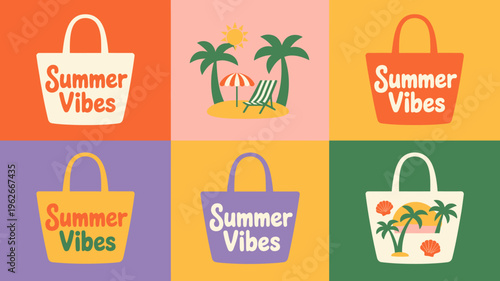 A vibrant grid displays colorful beach totes with the text summer vibes alongside tropical scenes of palm trees and beaches high quality professional detailed modern elegant