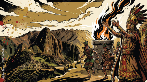 Inti Raymi Ritual Scene with Dancers and Ceremonial Fire by Mountains