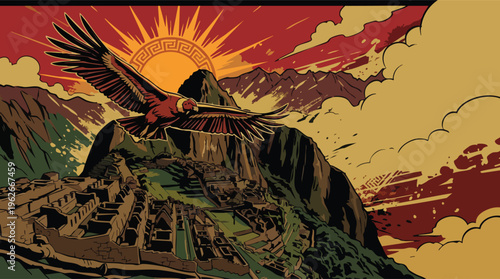 Condor Flying over Ancient Ruins with Rising Sun Graphic in Inti Raymi Style