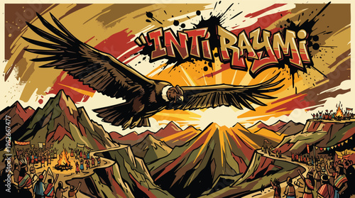 Inti Raymi Festival Andean Condor Flying over Mountains at Sunrise Graphic