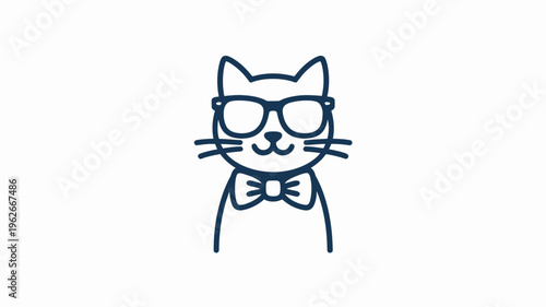 A charming minimalist illustration depicts a blue cat wearing round glasses and a bow tie creating a sophisticated and playful image high quality professional detailed modern