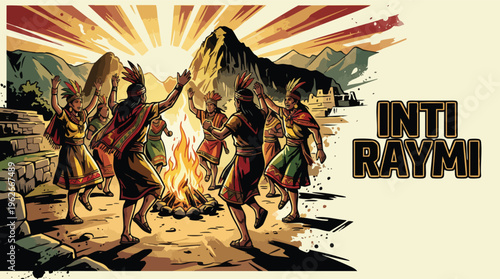 Inti Raymi Dancers Circling Sacred Fire Under Sun Rays
