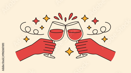 Two hands clink wine glasses in a celebratory toast adorned with sparkling stars and swirling lines on a pale background high quality professional detailed modern elegant