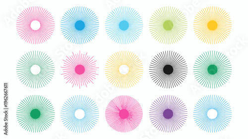 A vibrant collection of circular designs radiates outwards showcasing a spectrum of colors including pink blue green and yellow high quality professional detailed modern elegant stylish