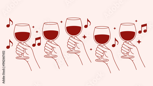 A series of hands holding red wine glasses are depicted accompanied by musical notes and sparkling stars suggesting a festive celebration high quality professional detailed modern