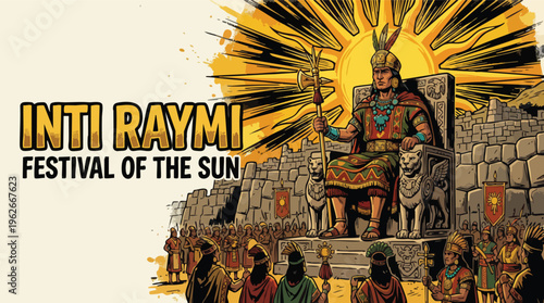 Inti Raymi Festival Presentation with Inca King on Throne and Radiant Sun