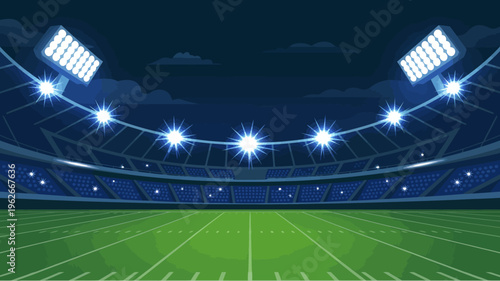 A brightly lit football stadium is depicted with empty blue seats a vibrant green field and powerful floodlights illuminating the scene high quality professional detailed modern