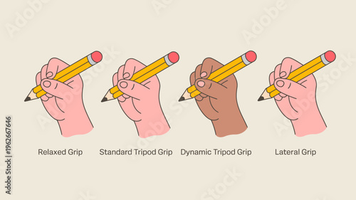 This illustration demonstrates four distinct hand grips used for holding a pencil showcasing variations in technique and dexterity high quality professional detailed modern elegant stylish clean
