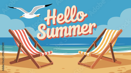 A vibrant illustration depicts a sunny beach scene with two striped deck chairs and a soaring seagull welcoming summer high quality professional detailed modern elegant stylish