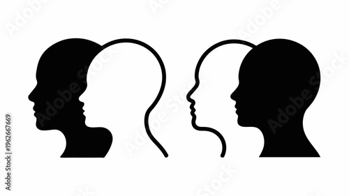 This image displays two silhouetted human profiles facing each other connected by a curved line representing a bridge or connection high quality professional detailed modern elegant
