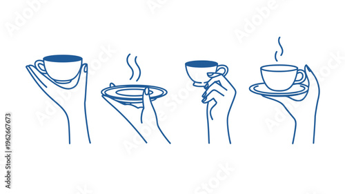 A series of line drawings depicts hands interacting with a teacup and saucer illustrating different stages of tea service high quality professional detailed modern elegant stylish