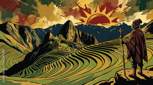 Inti Raymi Inspired Mountain Sunrise over Ancient Terraces with Figure